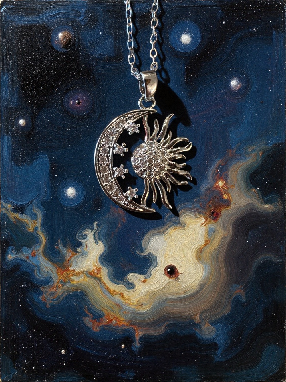 Silver Sun, Stars, and Moon Pendant Necklace - Celestial Sparkle - Picture 11 of 17